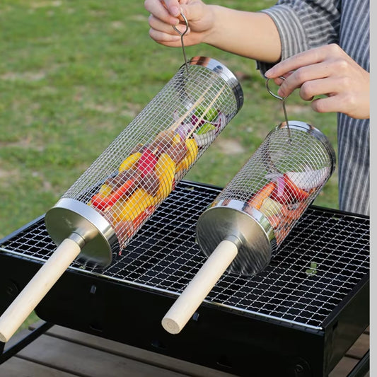 BBQ Grill Basket | Stainless Steel Rotating Design with Wooden Handle | Perfect for Easy Cooking and Outdoor Grilling