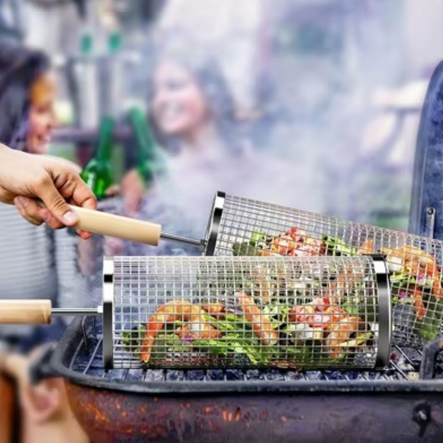BBQ Grill Basket | Stainless Steel Rotating Design with Wooden Handle | Perfect for Easy Cooking and Outdoor Grilling