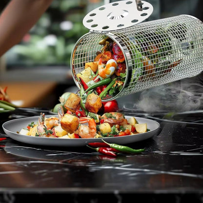 BBQ Grill Basket | Stainless Steel Rotating Design with Wooden Handle | Perfect for Easy Cooking and Outdoor Grilling
