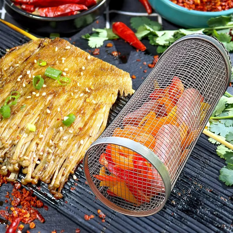 BBQ Grill Basket | Stainless Steel Rotating Design with Wooden Handle | Perfect for Easy Cooking and Outdoor Grilling