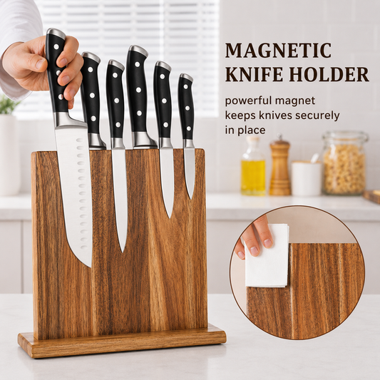 Elegant Acacia Wood Knife Holder with Double-Sided Magnetic Storage | Stylish Kitchen Organizer for Easy Access