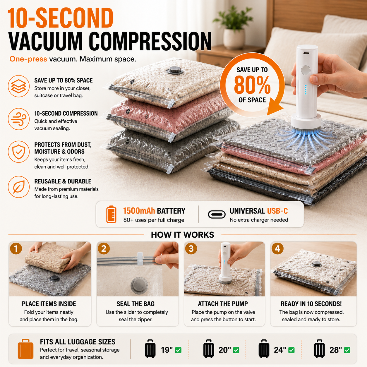 Smart Storage Solutions | Vacuum Storage Bags with Electric Pump | Space-Saving Solution for Travel and Home Organization