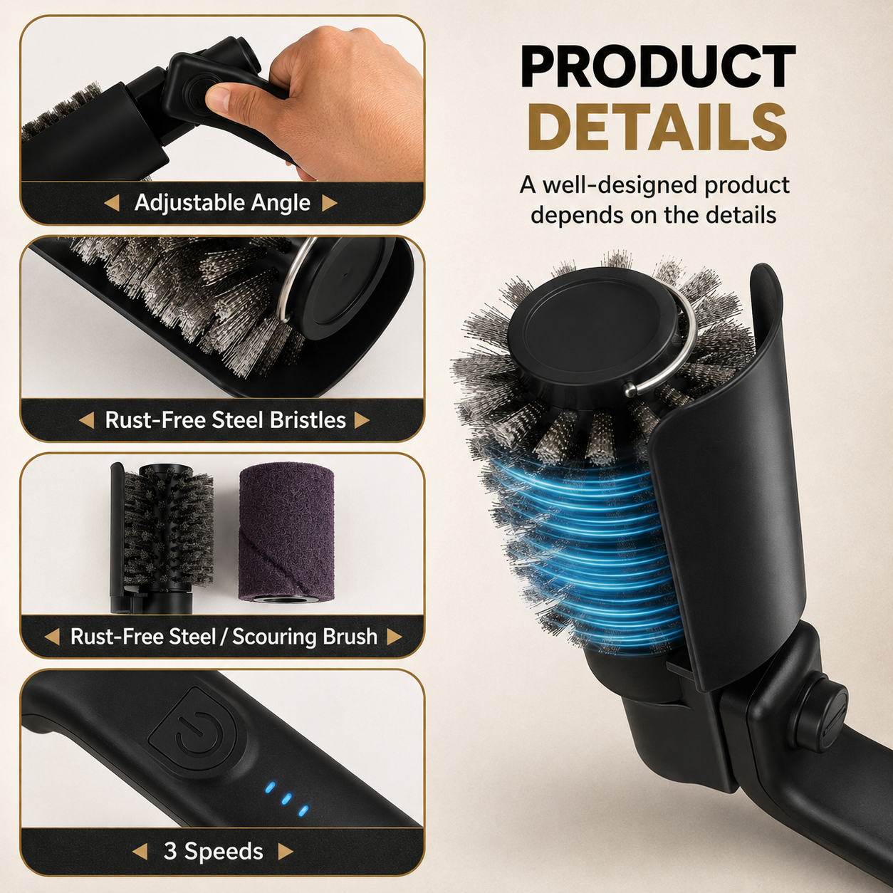 Electric Grill Brush | Cordless BBQ Cleaning Brush with Ergonomic Handle | Rechargeable Design for Effortless Grill Maintenance