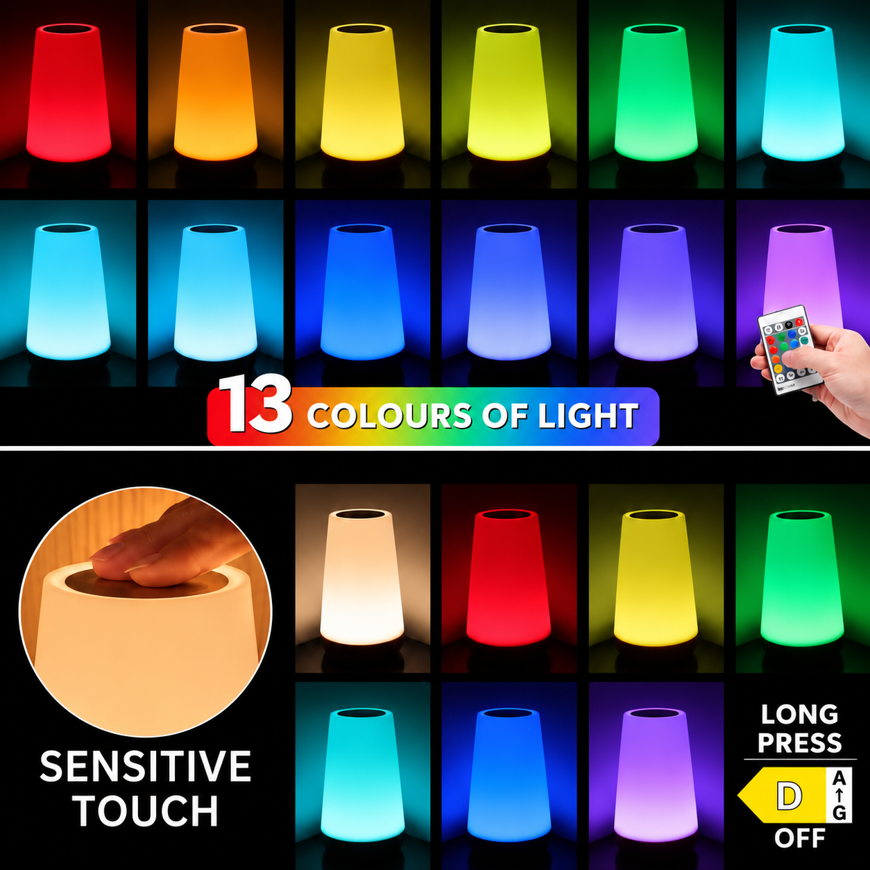 Modern LED Table Lamp | Cordless Rechargeable Night Light with 13 Colors | Touch & Remote Control for Cozy Atmosphere