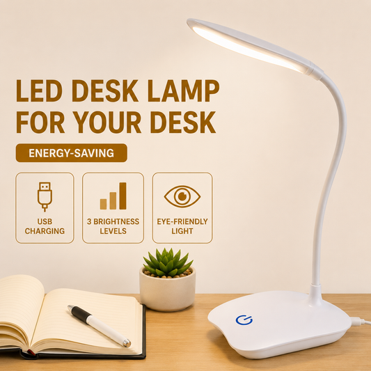 Versatile LED Desk Lamp | Rechargeable Table Lamp with 3 Dimmable Levels | Flexible Neck for Comfortable Reading and Working