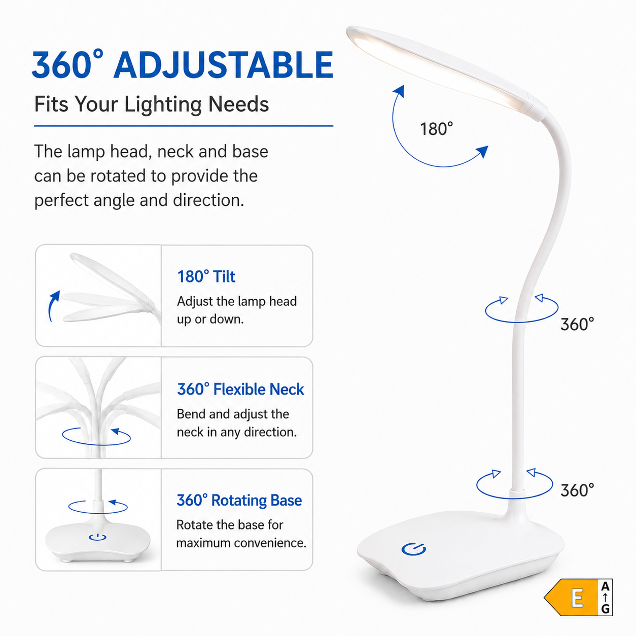 Versatile LED Desk Lamp | Rechargeable Table Lamp with 3 Dimmable Levels | Flexible Neck for Comfortable Reading and Working