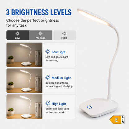 Versatile LED Desk Lamp | Rechargeable Table Lamp with 3 Dimmable Levels | Flexible Neck for Comfortable Reading and Working