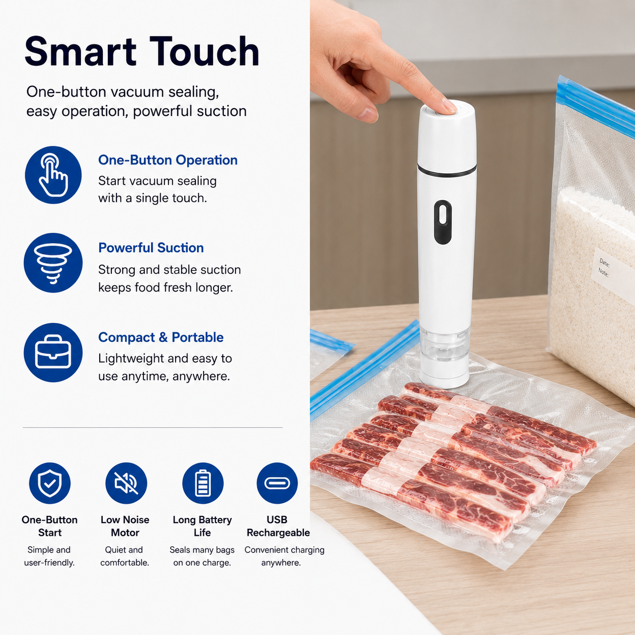 Efficient Vacuum Sealer Machine with 60Kpa Suction Power | Compact Design for Long-Lasting Food Storage
