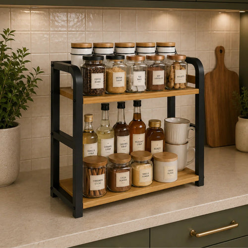 Elegant Kitchen Shelf | 2-Layer Metal & Wood Organizer for Efficient Storage