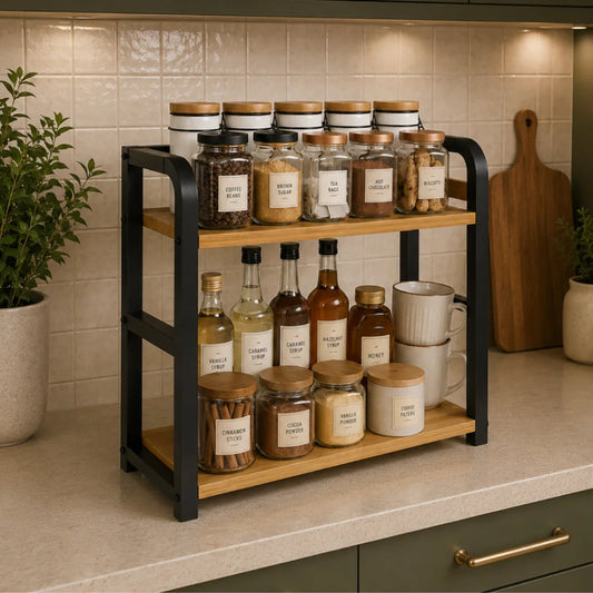 Elegant Kitchen Shelf | 2-Layer Metal & Wood Organizer for Efficient Storage