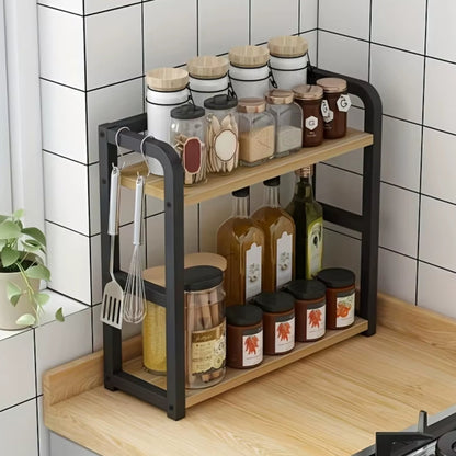 Elegant Kitchen Shelf | 2-Layer Metal & Wood Organizer for Efficient Storage