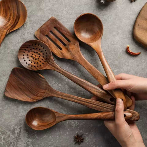 Elegant Wooden Kitchen Utensil Set with Holder for Stylish Cooking and Serving