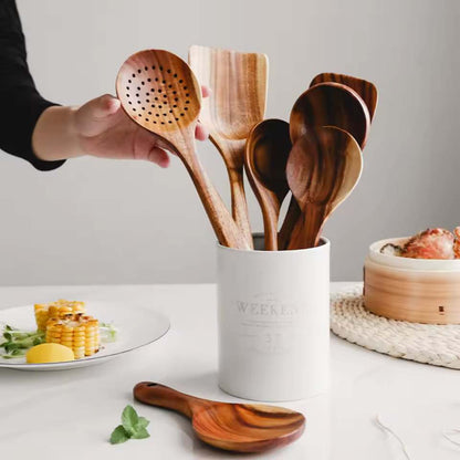 Elegant Wooden Kitchen Utensil Set with Holder for Stylish Cooking and Serving