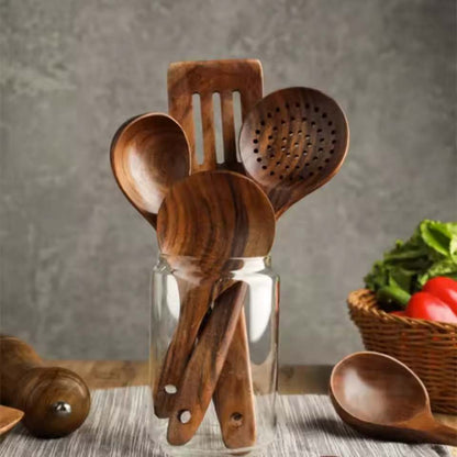 Elegant Wooden Kitchen Utensil Set with Holder for Stylish Cooking and Serving