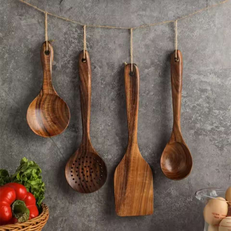 Elegant Wooden Kitchen Utensil Set with Holder for Stylish Cooking and Serving