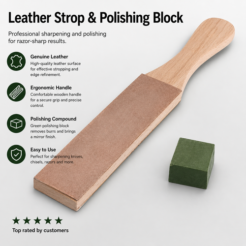 Essential | Knife Sharpener with Double-Sided Leather Strap & Ergonomic Handle for Precision Finishing