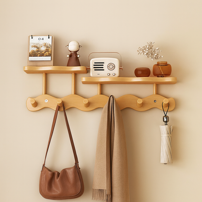 Ripple Bamboo | Wall Mounted Coat Rack with Shelf & Hooks | Minimalist Design for Organized Entryway