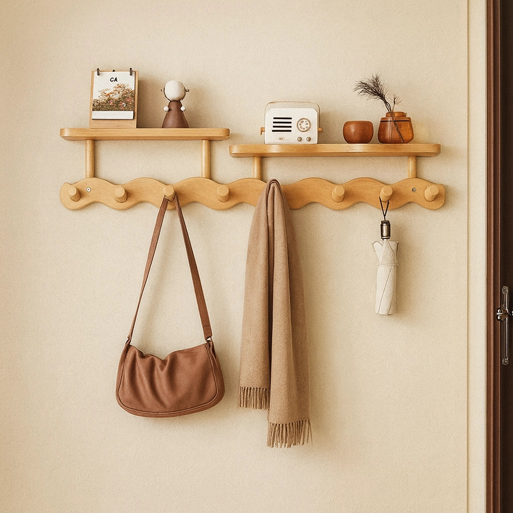 Ripple Bamboo | Wall Mounted Coat Rack with Shelf & Hooks | Minimalist Design for Organized Entryway